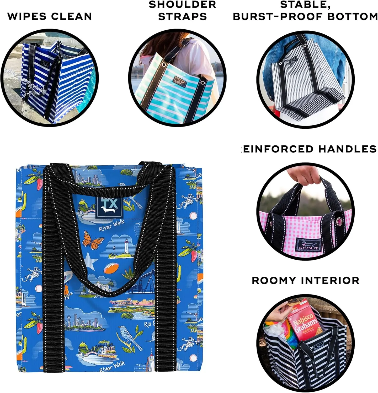 SCOUT Bagette Market Tote, Large Reusable Grocery Bag with Burst-Proof Bottom
