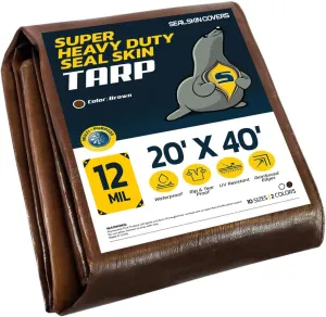 Seal Skin Covers Heavy Duty Waterproof Tarp 20x40 FT, 12 Mil 8 OZ 120 GSM Thick Brown Poly Tarp with Rustproof Grommets, Tear-Proof Cover with Reinforced Edges for Camping, Pool, Canopy Use