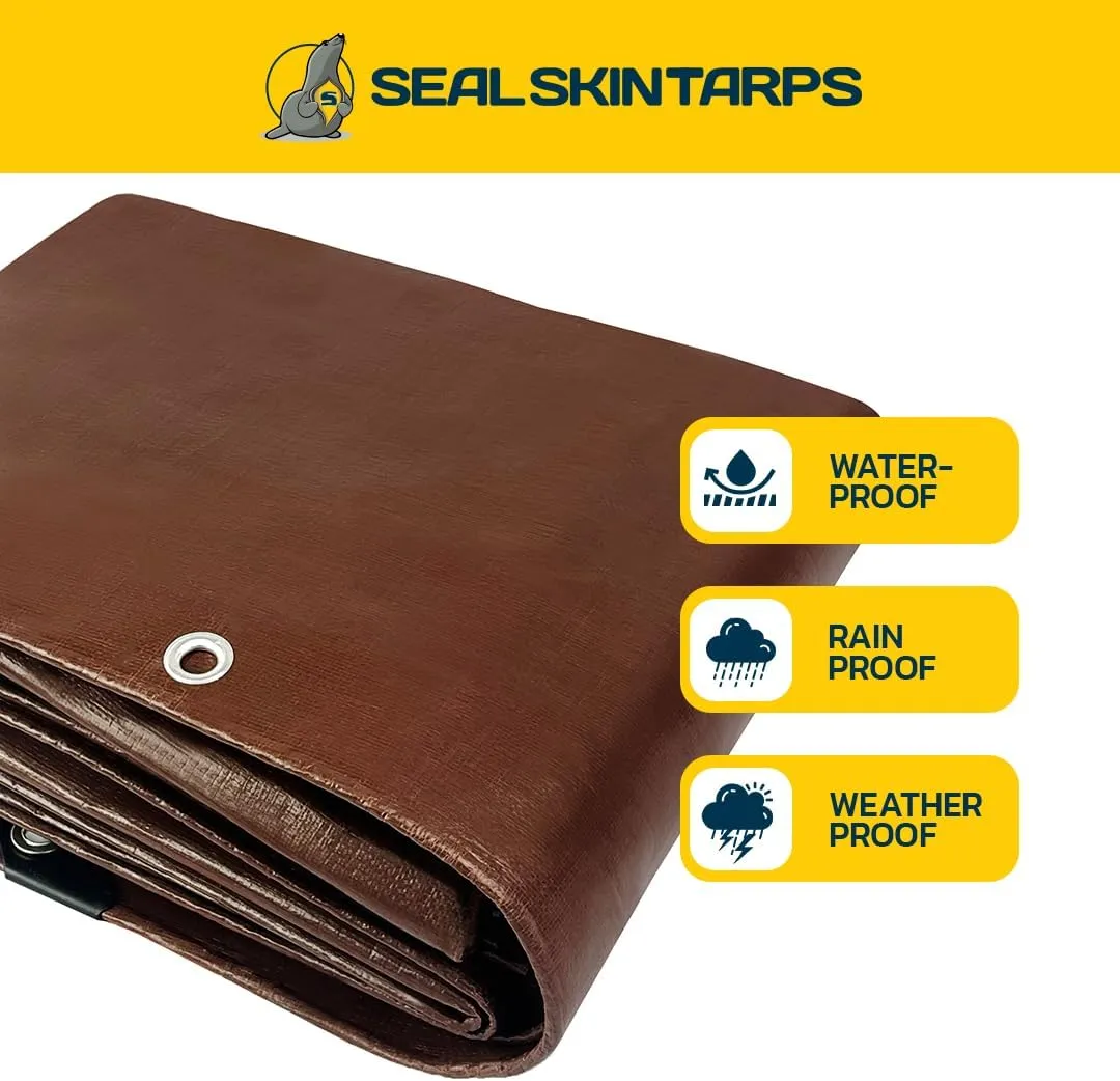 Seal Skin Covers Heavy Duty Waterproof Tarp 20x40 FT, 12 Mil 8 OZ 120 GSM Thick Brown Poly Tarp with Rustproof Grommets, Tear-Proof Cover with Reinforced Edges for Camping, Pool, Canopy Use