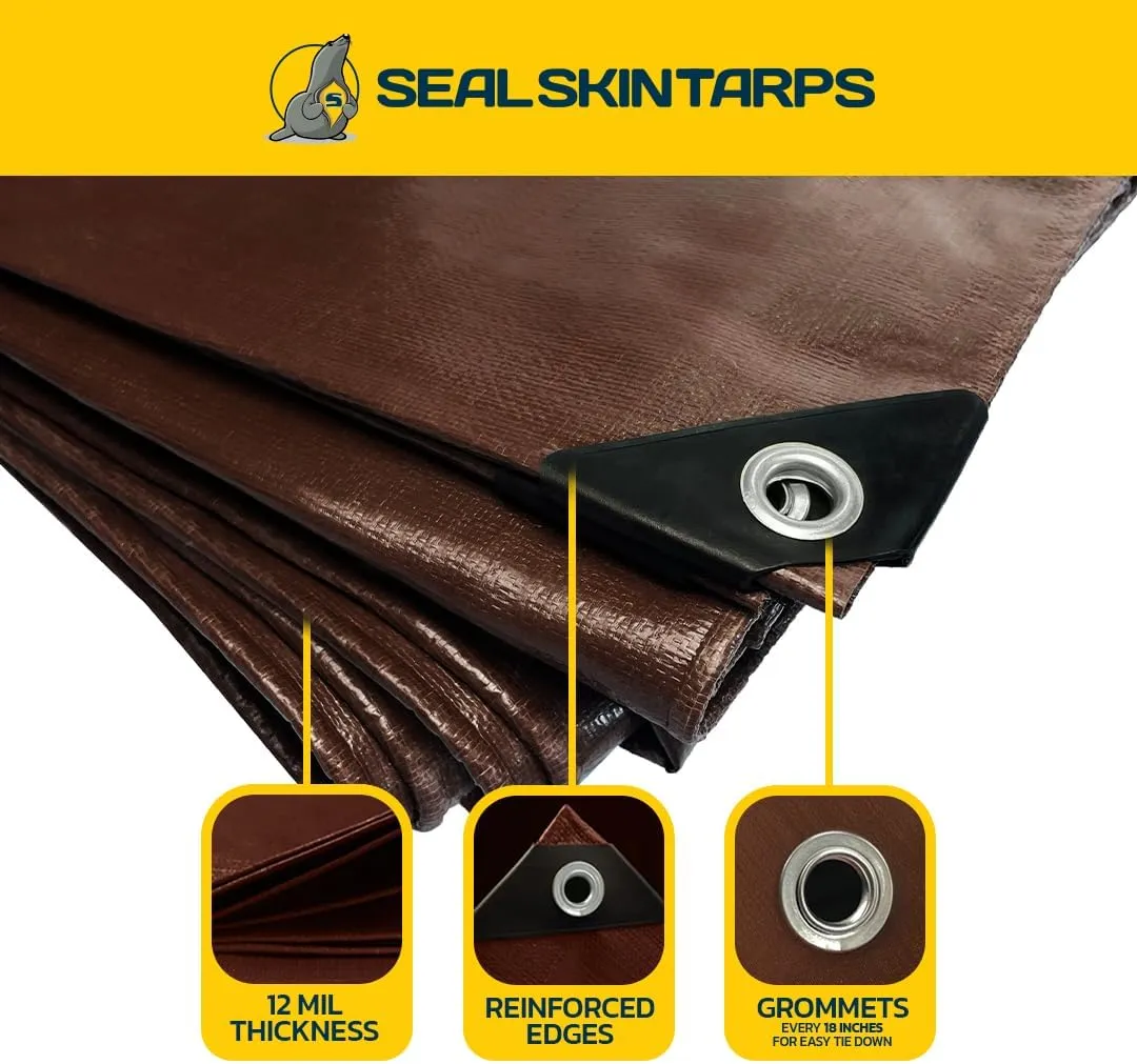 Seal Skin Covers Heavy Duty Waterproof Tarp 20x40 FT, 12 Mil 8 OZ 120 GSM Thick Brown Poly Tarp with Rustproof Grommets, Tear-Proof Cover with Reinforced Edges for Camping, Pool, Canopy Use