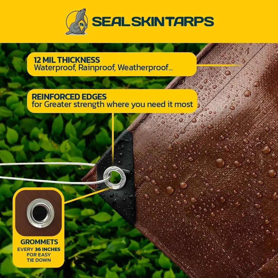 Seal Skin Covers Heavy Duty Waterproof Tarp 20x40 FT, 12 Mil 8 OZ 120 GSM Thick Brown Poly Tarp with Rustproof Grommets, Tear-Proof Cover with Reinforced Edges for Camping, Pool, Canopy Use