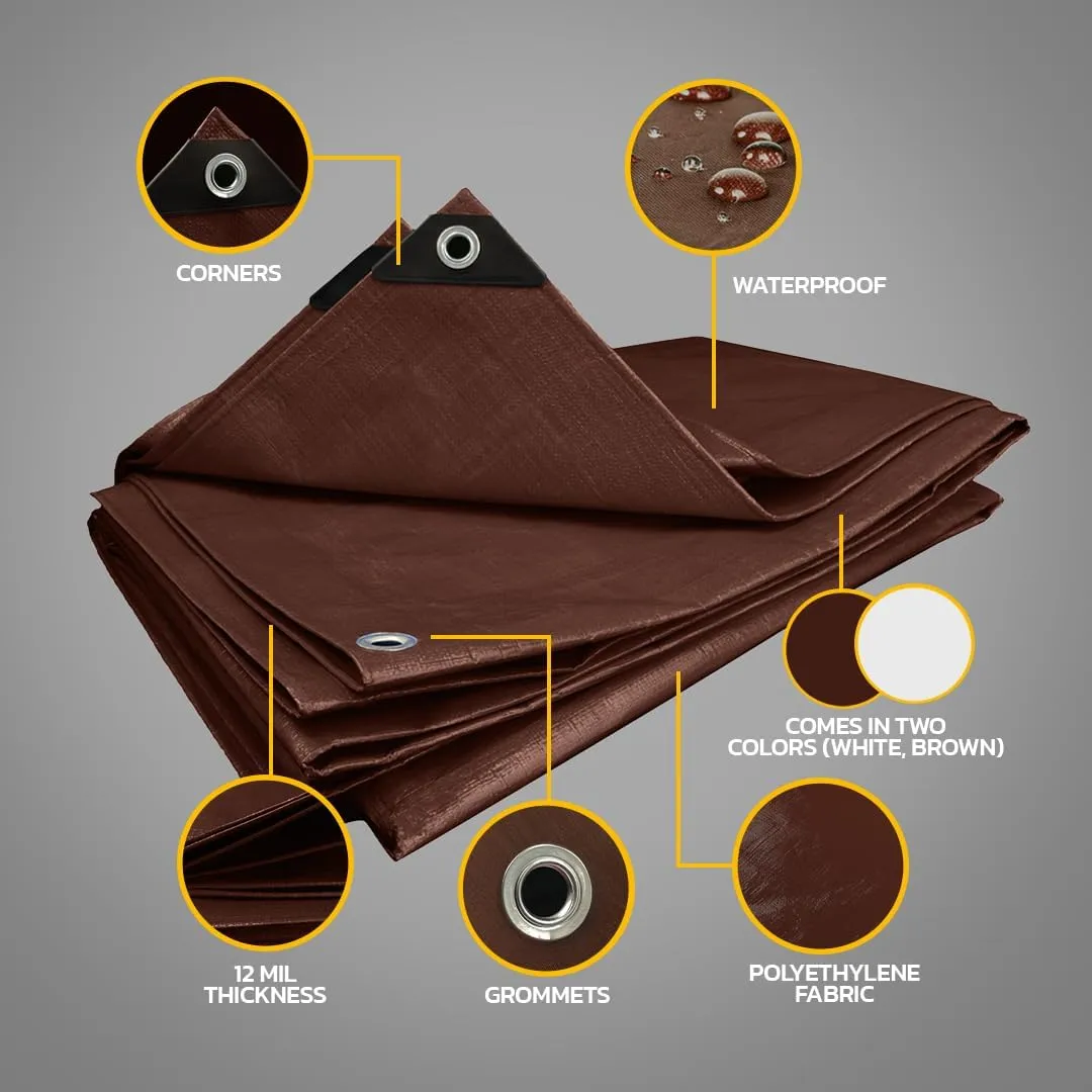 Seal Skin Covers Heavy Duty Waterproof Tarp 20x40 FT, 12 Mil 8 OZ 120 GSM Thick Brown Poly Tarp with Rustproof Grommets, Tear-Proof Cover with Reinforced Edges for Camping, Pool, Canopy Use