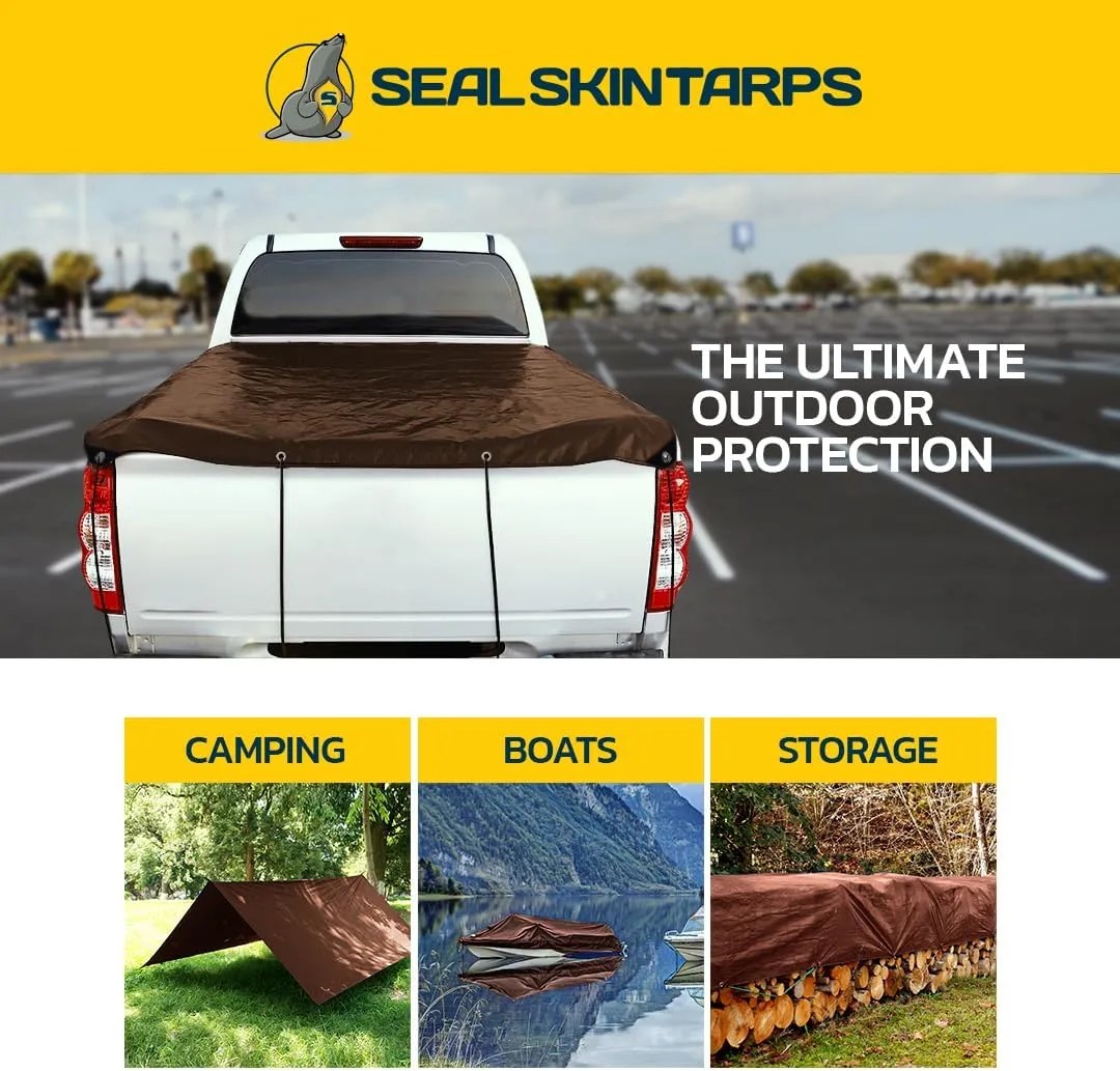 Seal Skin Covers Heavy Duty Waterproof Tarp 20x40 FT, 12 Mil 8 OZ 120 GSM Thick Brown Poly Tarp with Rustproof Grommets, Tear-Proof Cover with Reinforced Edges for Camping, Pool, Canopy Use