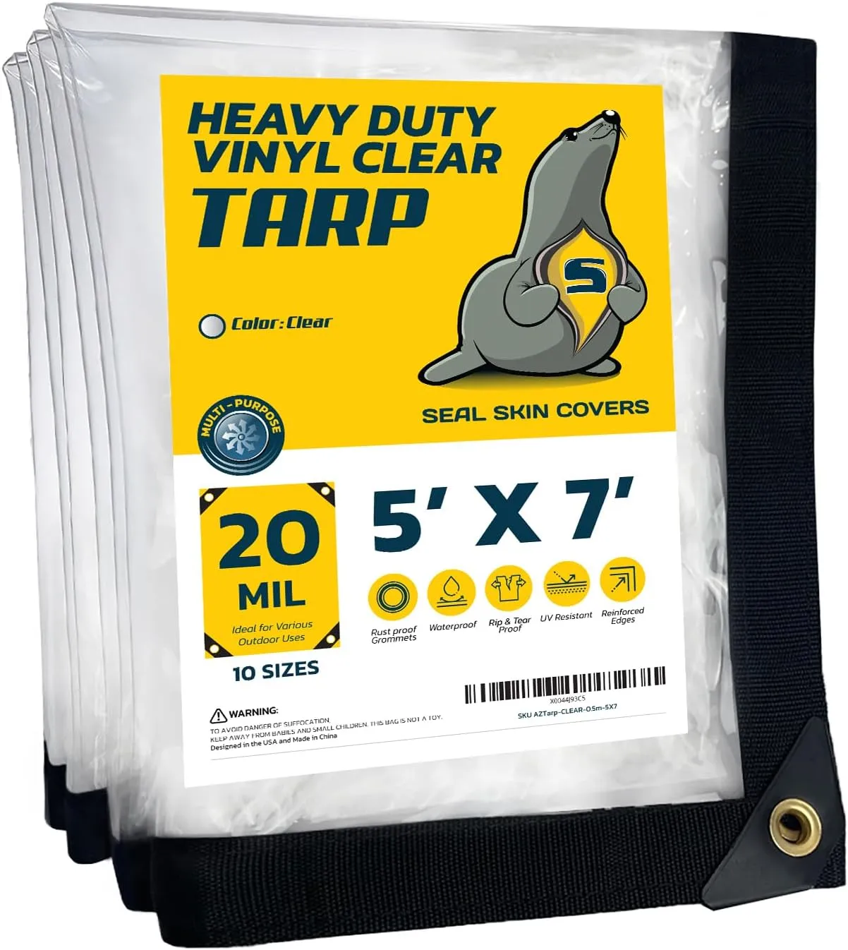 Seal Skin Covers Waterproof Clear Tarp 5x7 FT, 20 Mil 18 OZ 560 GSM Heavy Duty Transparent Vinyl Tarpaulin with Grommets