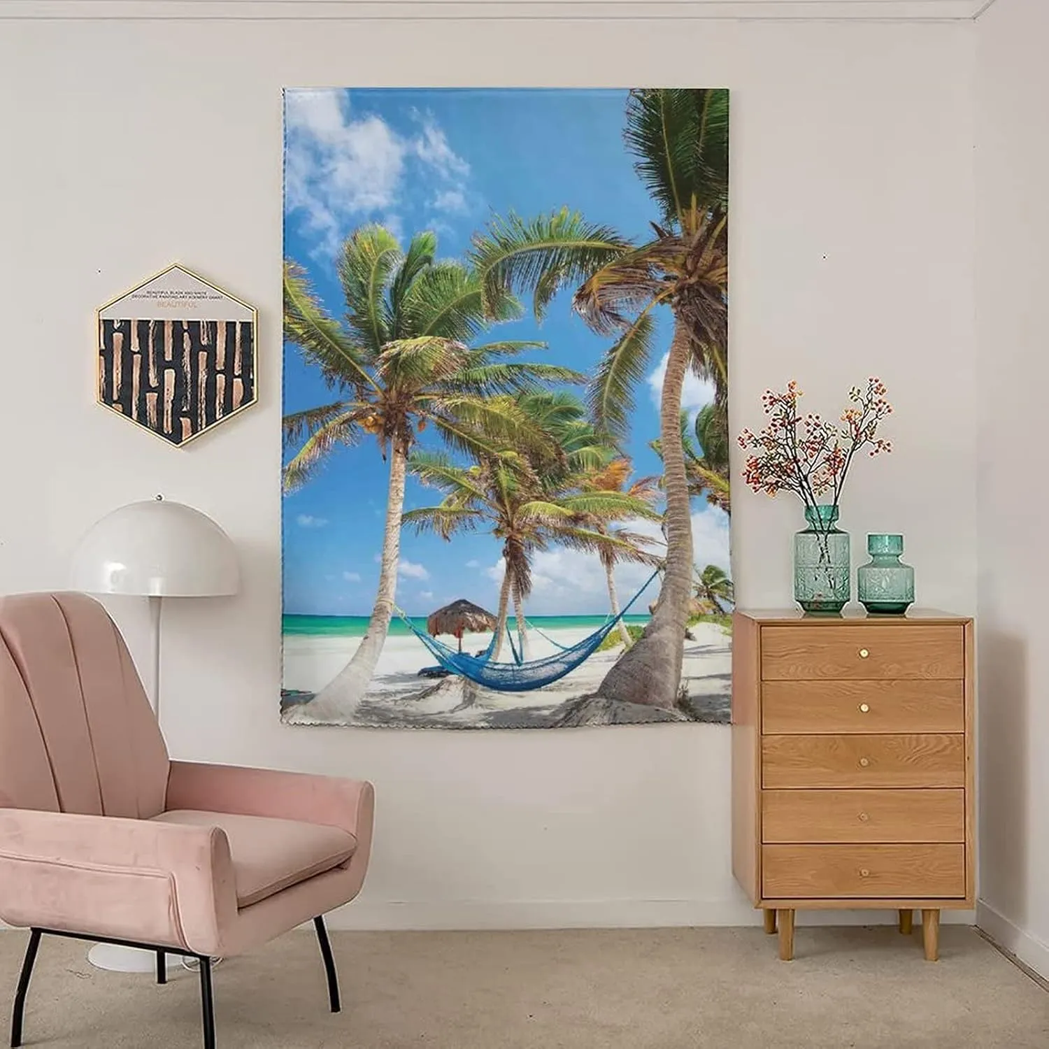 Self Adhesive Portable Blackout Curtains, Holiday Decor Room Darkening Curtains, Hammock Palm Trees Sand Sunny Beach Print Temporary Blackout Blinds,26W x40L Inch, for Kitchen Bathroom Living Room