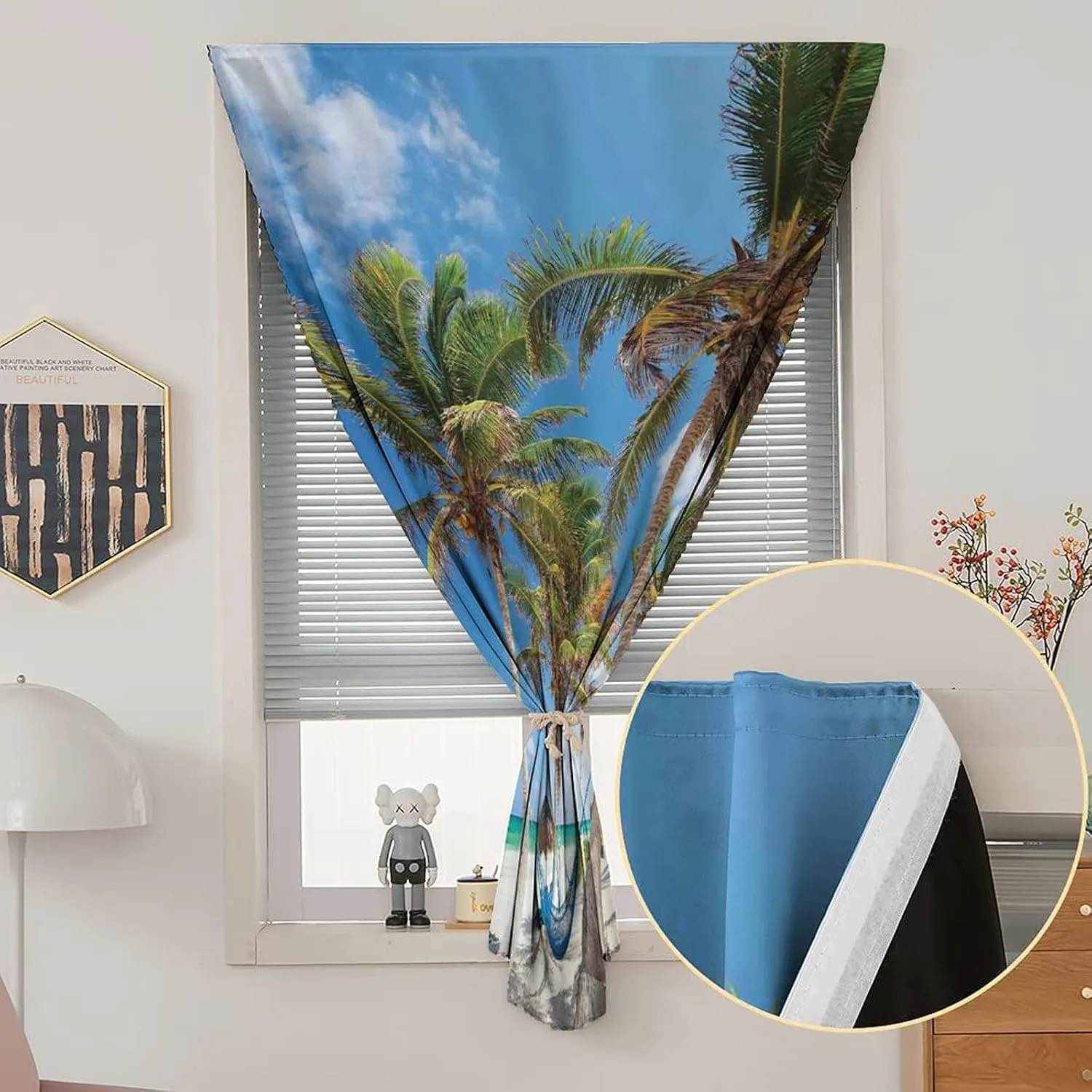 Self Adhesive Portable Blackout Curtains, Holiday Decor Room Darkening Curtains, Hammock Palm Trees Sand Sunny Beach Print Temporary Blackout Blinds,26W x40L Inch, for Kitchen Bathroom Living Room