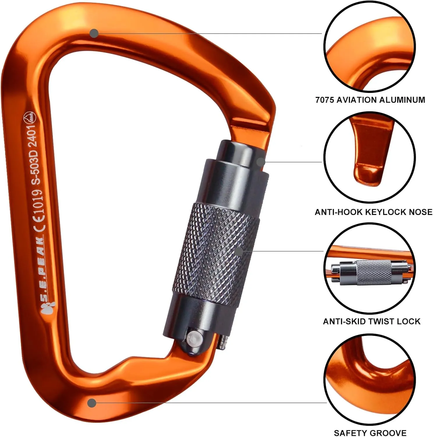 SEPEAK UIAA 30kN Climbing Carabiner Clips, Professional Heavy Duty Twist Locking Carabiners for Climbing,Mountaineering, Rappelling, Camping, Hiking, Swings, Large D Ring Hooks