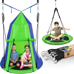 SereneLife 40" Hanging Tree Play Tent Hangout for Kids, Indoor Outdoor Flying Saucer Floating Platform Swing Treepod Inside Outside Canopy, Includes Hammock Pod Hang Kit and Swinging Swivel Spinner
