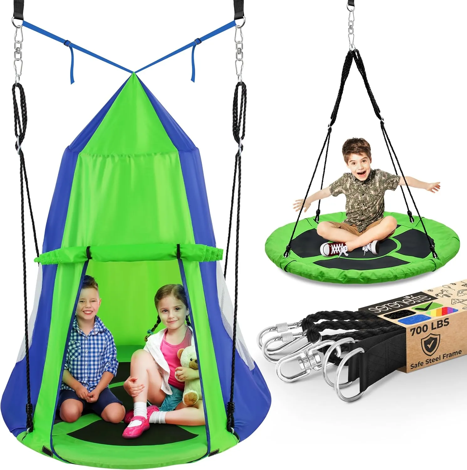 SereneLife 40" Hanging Tree Play Tent Hangout for Kids, Indoor Outdoor Flying Saucer Floating Platform Swing Treepod Inside Outside Canopy, Includes Hammock Pod Hang Kit and Swinging Swivel Spinner