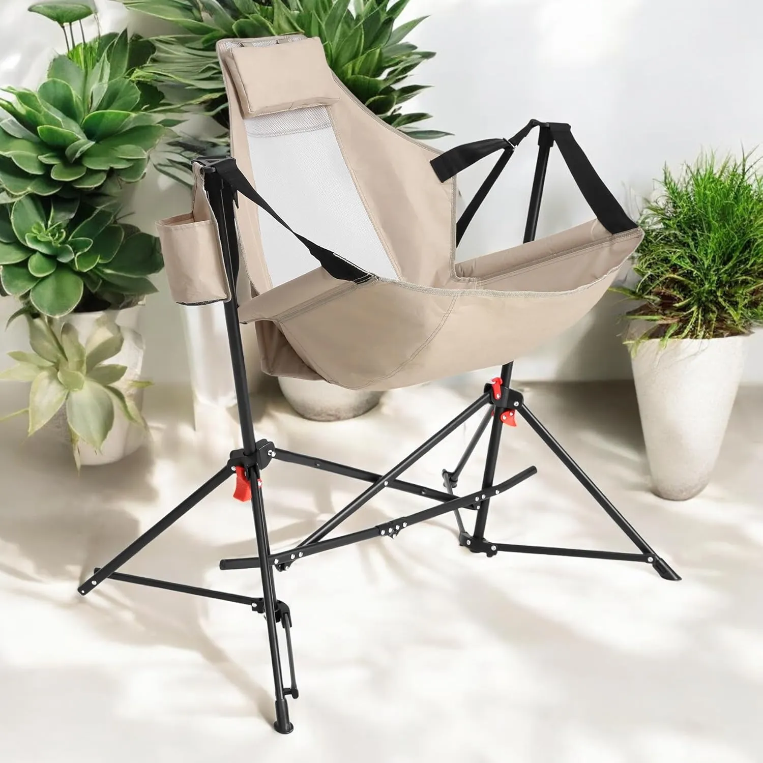 Set of 2 Hammock Camping Chairs – Portable Folding Rocking Chair with Adjustable Back, Cup Holder, Pillow, and Carry Bag for Outdoor Travel and Relaxation (Khaki)