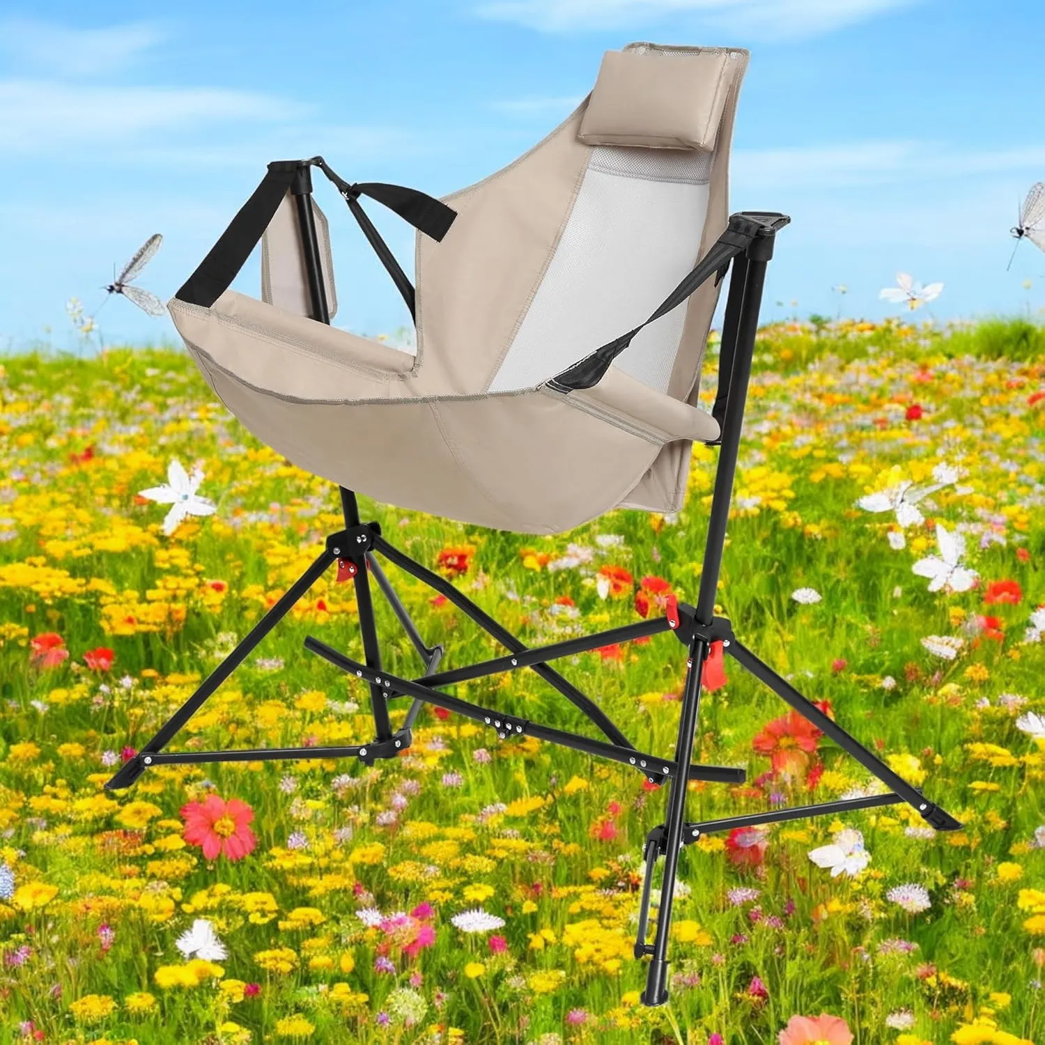 Set of 2 Hammock Camping Chairs – Portable Folding Rocking Chair with Adjustable Back, Cup Holder, Pillow, and Carry Bag for Outdoor Travel and Relaxation (Khaki)