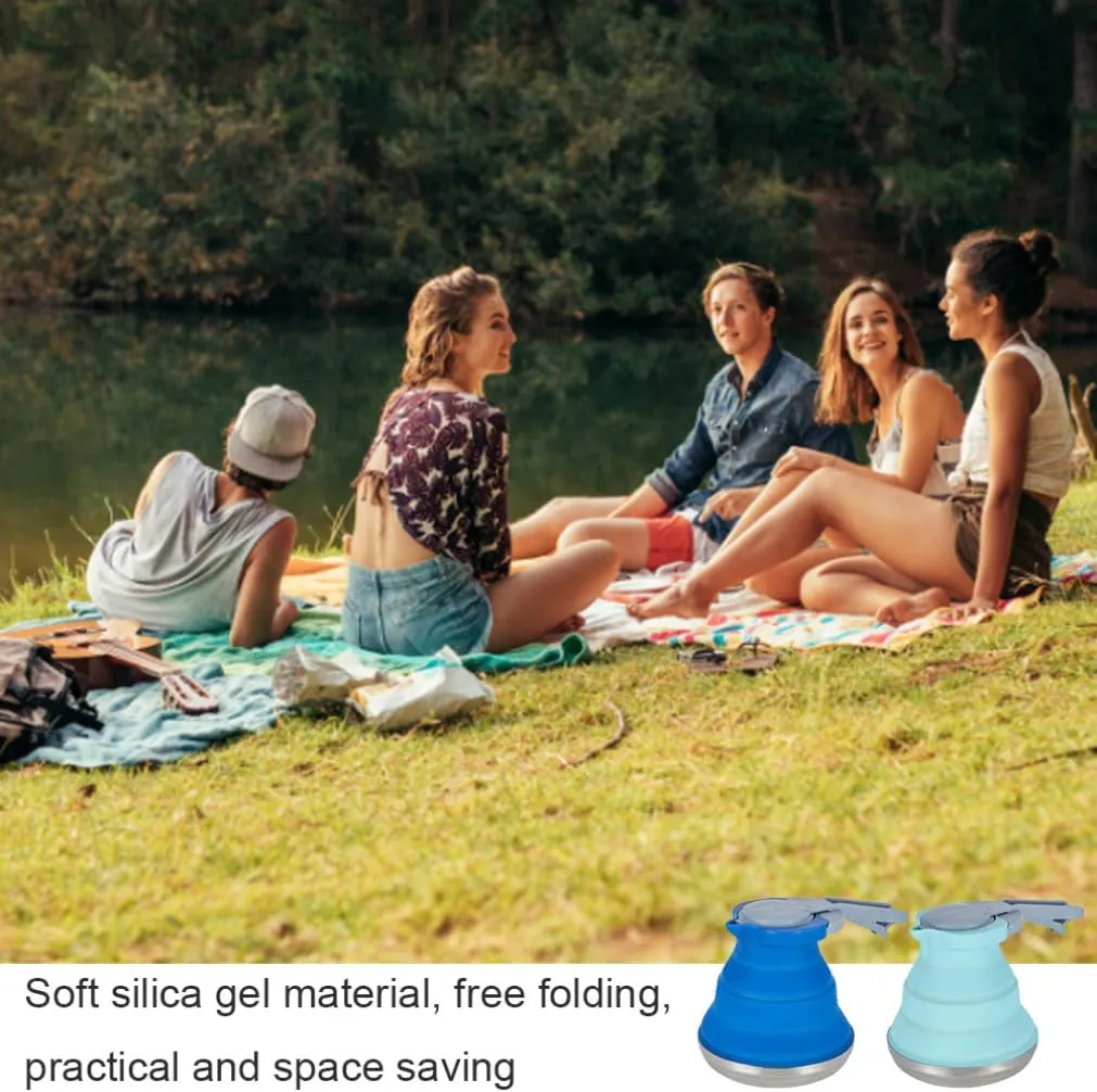 Silicone Folding Kettle 1500ml Portable Foldable Camping Kettle Tea Coffee Water Pot Dark Blue ~