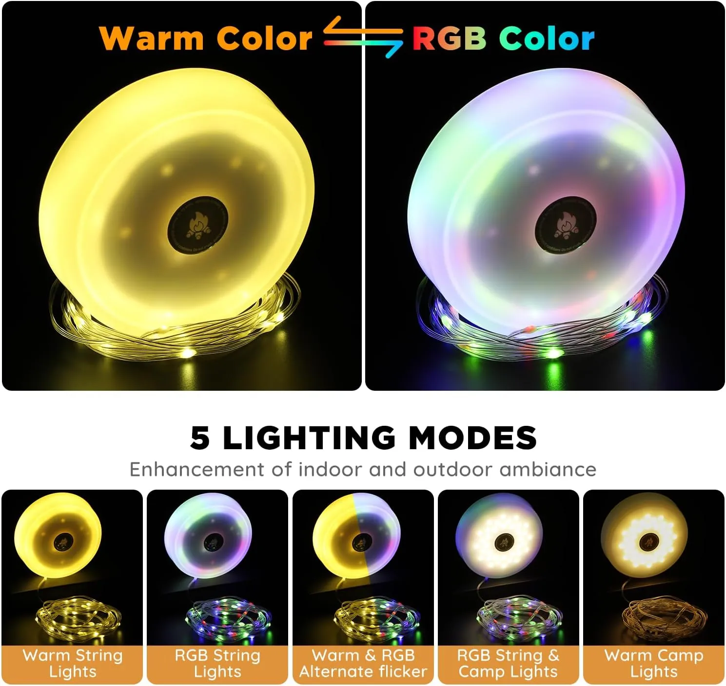 Siloon Solar Camping String Lights Outdoor, 2 in 1 Rechargeable Camping Lights with 5 Modes, 32.8Ft Waterproof Portable Camping Lights, Solar Powered and USB Charging, Tent Lights for Camping Hiking