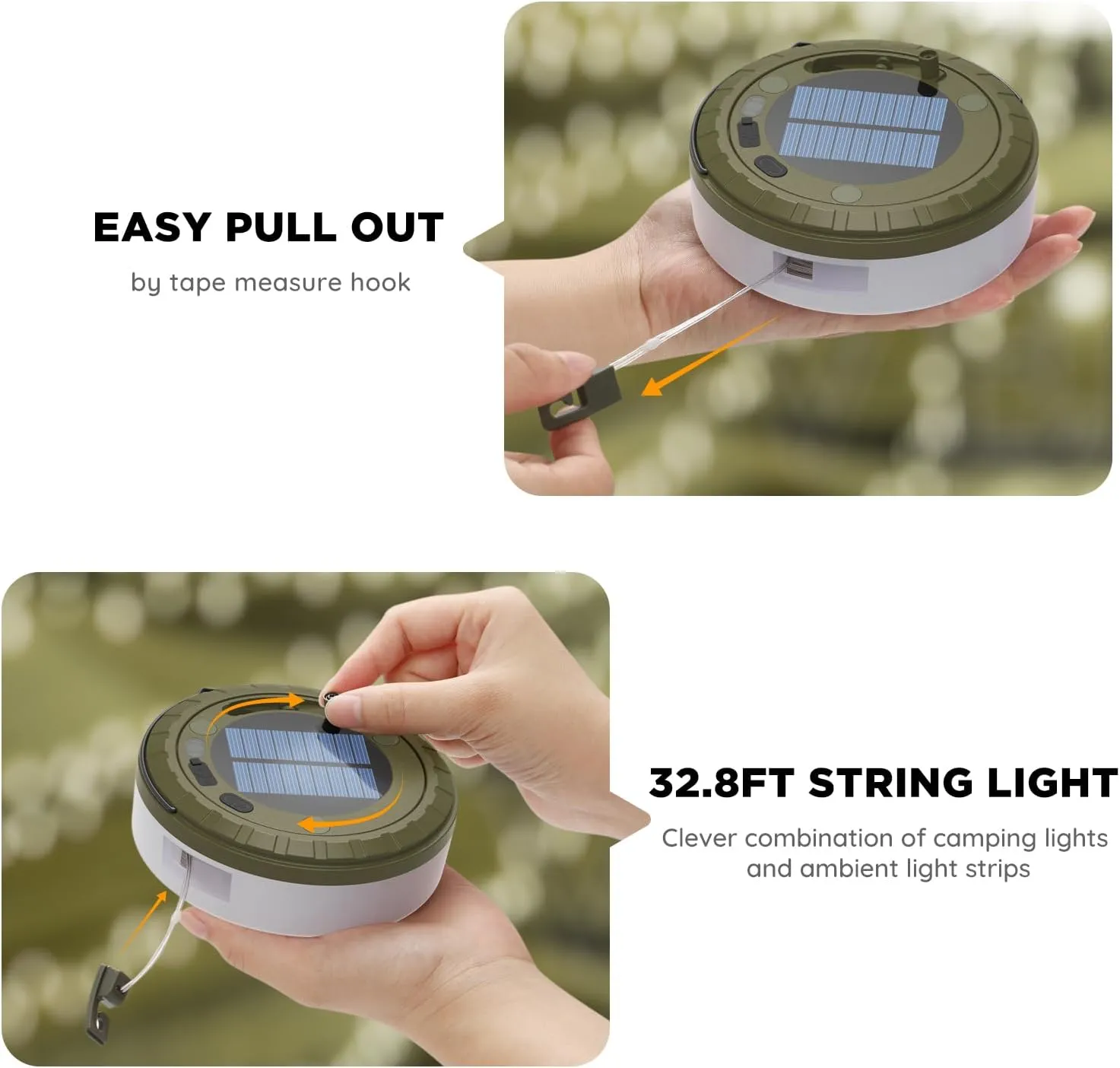 Siloon Solar Camping String Lights Outdoor, 2 in 1 Rechargeable Camping Lights with 5 Modes, 32.8Ft Waterproof Portable Camping Lights, Solar Powered and USB Charging, Tent Lights for Camping Hiking