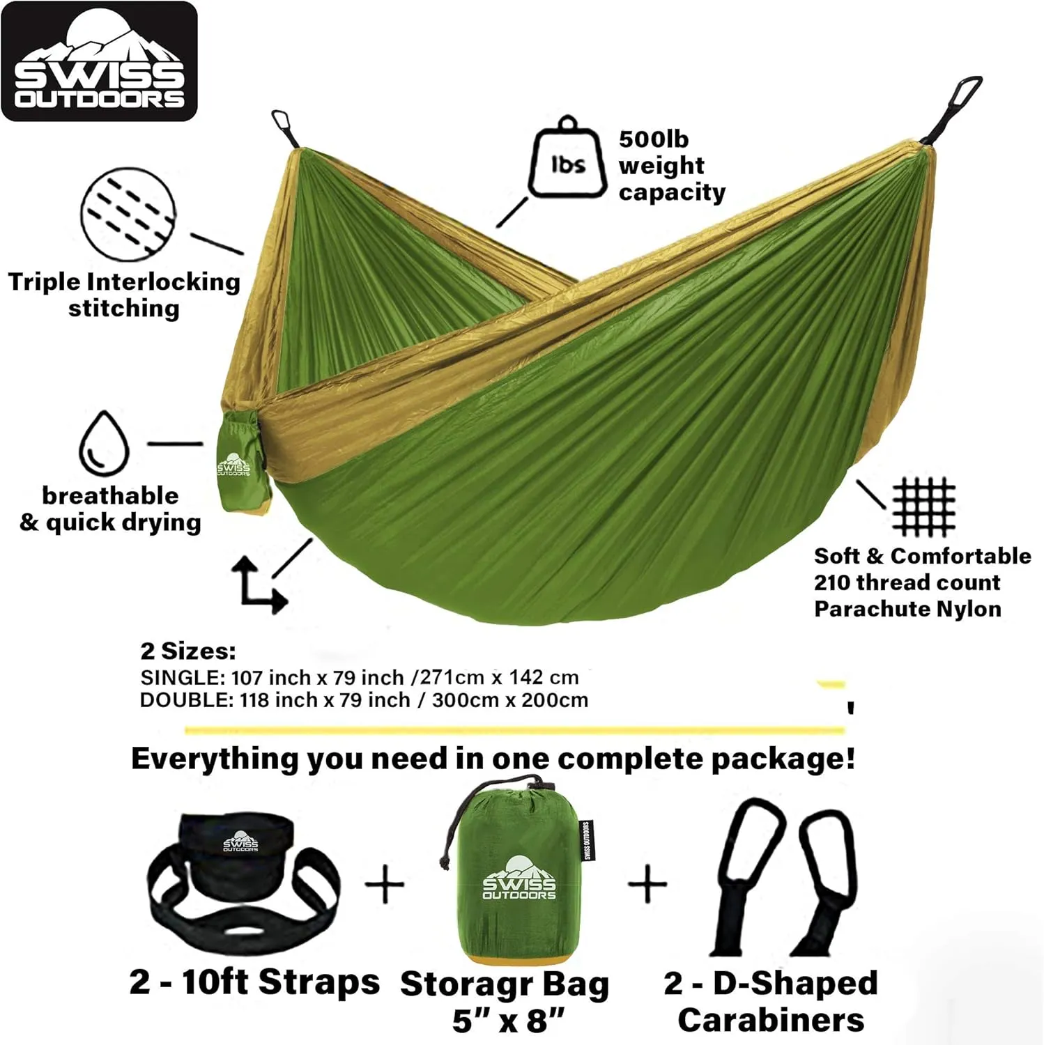Single & Double Camping Hammock Tree Straps and Carabiners, Parachute Nylon Lightweight, Portable Indoor Outdoor, single, Black-Blue