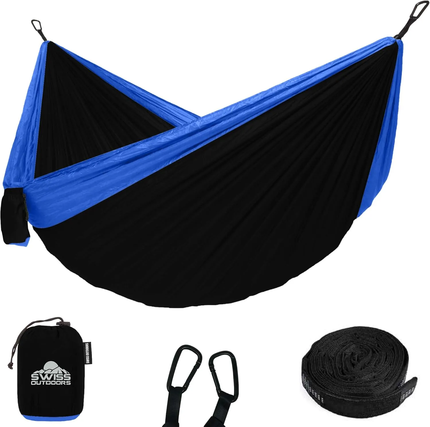 Single & Double Camping Hammock Tree Straps and Carabiners, Parachute Nylon Lightweight, Portable Indoor Outdoor, single, Black-Blue