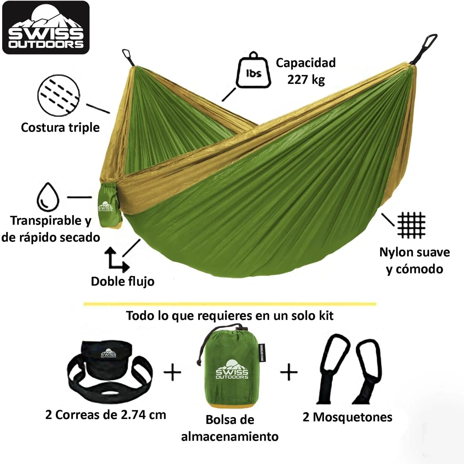 Single & Double Camping Hammock Tree Straps and Carabiners, Parachute Nylon Lightweight, Portable Indoor Outdoor Single, Blue-Tan