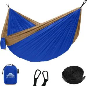 Single & Double Camping Hammock Tree Straps and Carabiners, Parachute Nylon Lightweight, Portable Indoor Outdoor Single, Blue-Tan