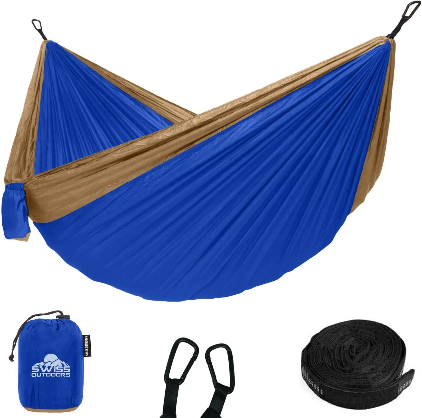 Single & Double Camping Hammock Tree Straps and Carabiners, Parachute Nylon Lightweight, Portable Indoor Outdoor Single, Blue-Tan
