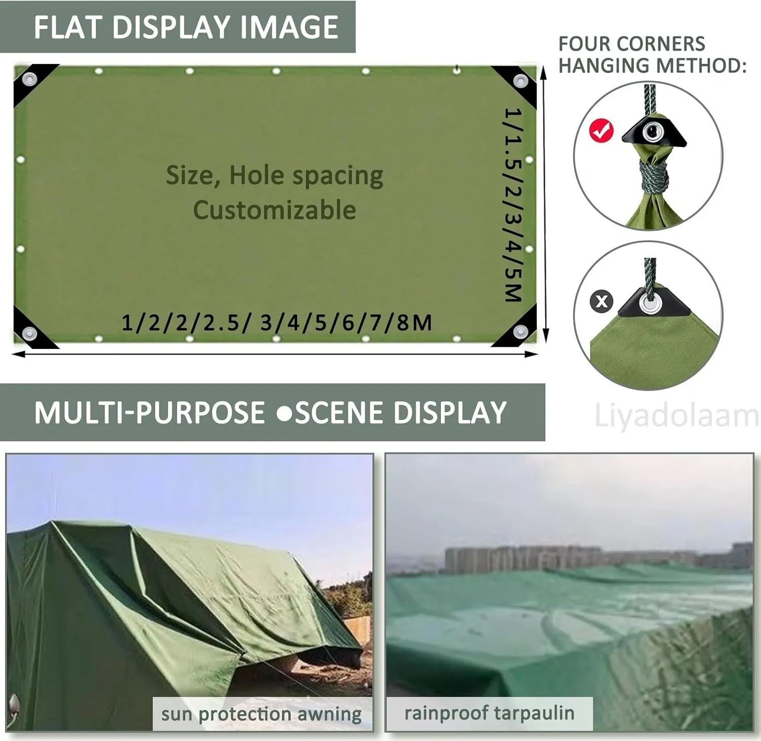 Small Multipurpose Cover, Green 600g/m² Heavy Duty Canvas Tarp with Grommets for Outdoor Camping,Car Furniture Ground Multipurpose Sheet Covers(1x2m)