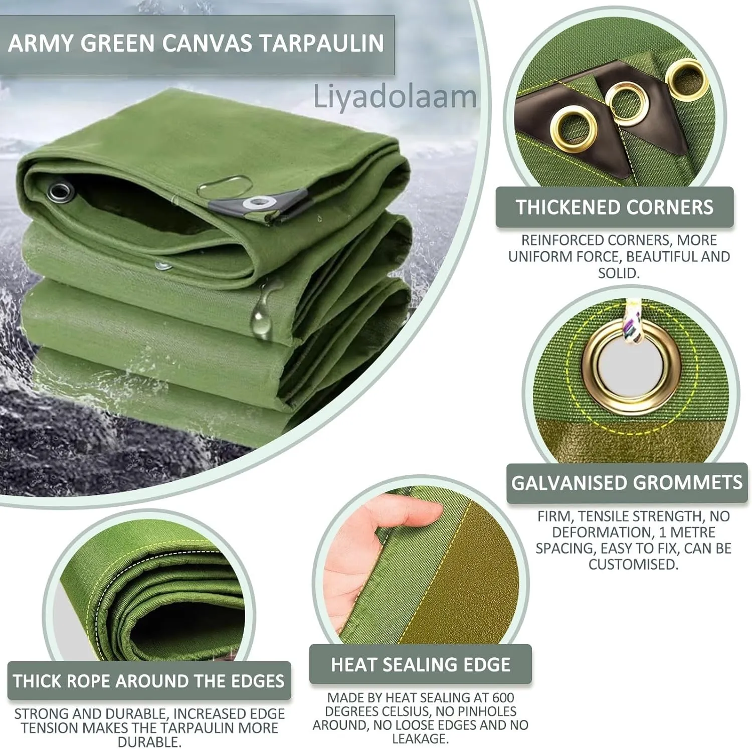 Small Multipurpose Cover, Green 600g/m² Heavy Duty Canvas Tarp with Grommets for Outdoor Camping,Car Furniture Ground Multipurpose Sheet Covers(1x2m)