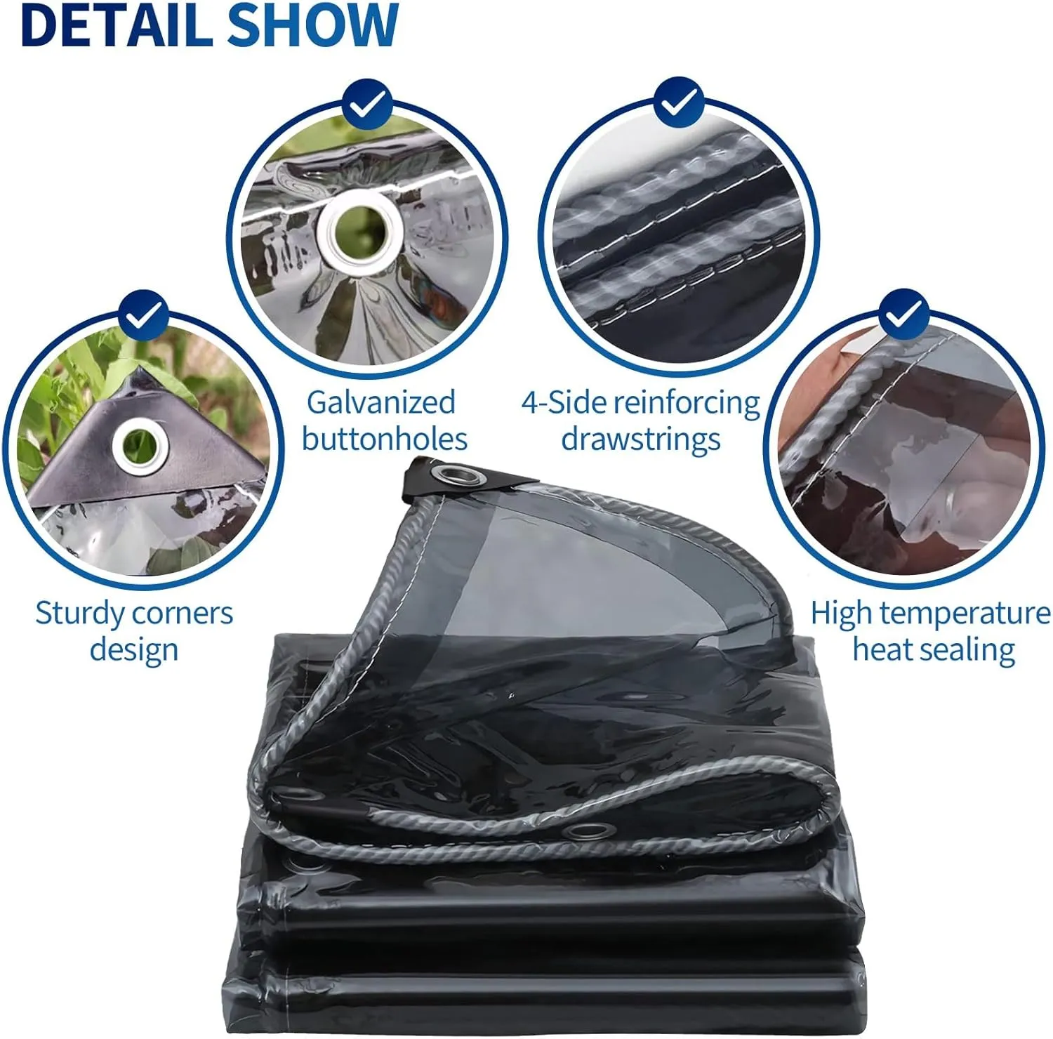 Small Multipurpose Cover, PVC Clear Heavy Duty Cover Transparent Tarp Sheet with Grommets and Reinforced Edges for Multipurpose Outdoor Use, Black Translucent(1.5x1.8m)