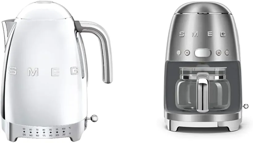 Smeg 7 Cup Variable Electric Kettle & 10 Cup Programmable Coffee Maker Bundle, Polished Stainless Steel