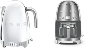 Smeg 7 Cup Variable Electric Kettle & 10 Cup Programmable Coffee Maker Bundle, Polished Stainless Steel