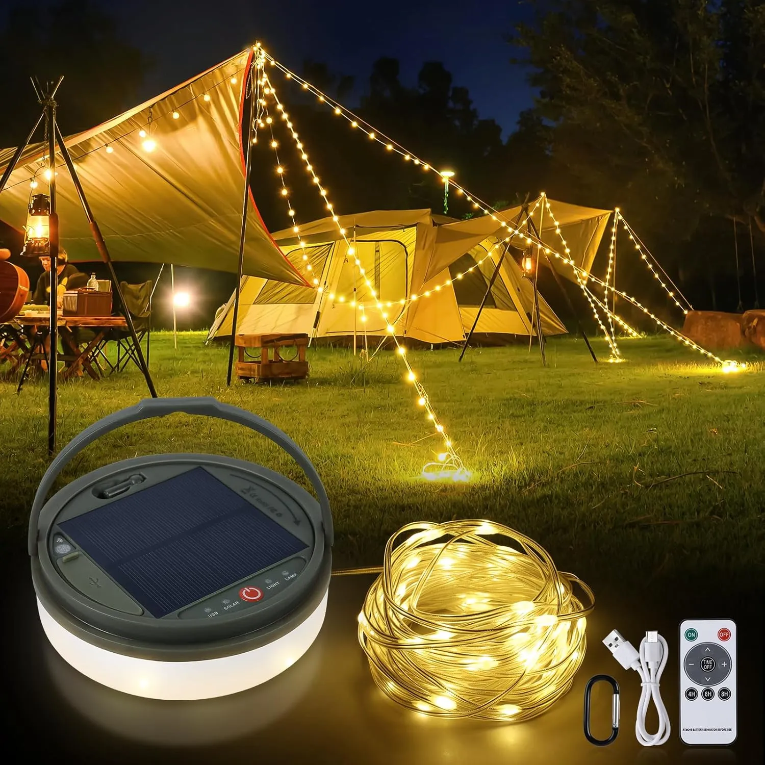 SMY Lighting 4 in 1 Solar Camping String Lights, 42.6Ft Ultra Long String with 160LEDs, Solar Powered and USB Rechargeable Light with Remote Control, Portable Camping Light for Hiking, Decorations