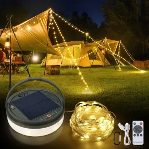 SMY Lighting 4 in 1 Solar Camping String Lights, 42.6Ft Ultra Long String with 160LEDs, Solar Powered and USB Rechargeable Light with Remote Control, Portable Camping Light for Hiking, Decorations