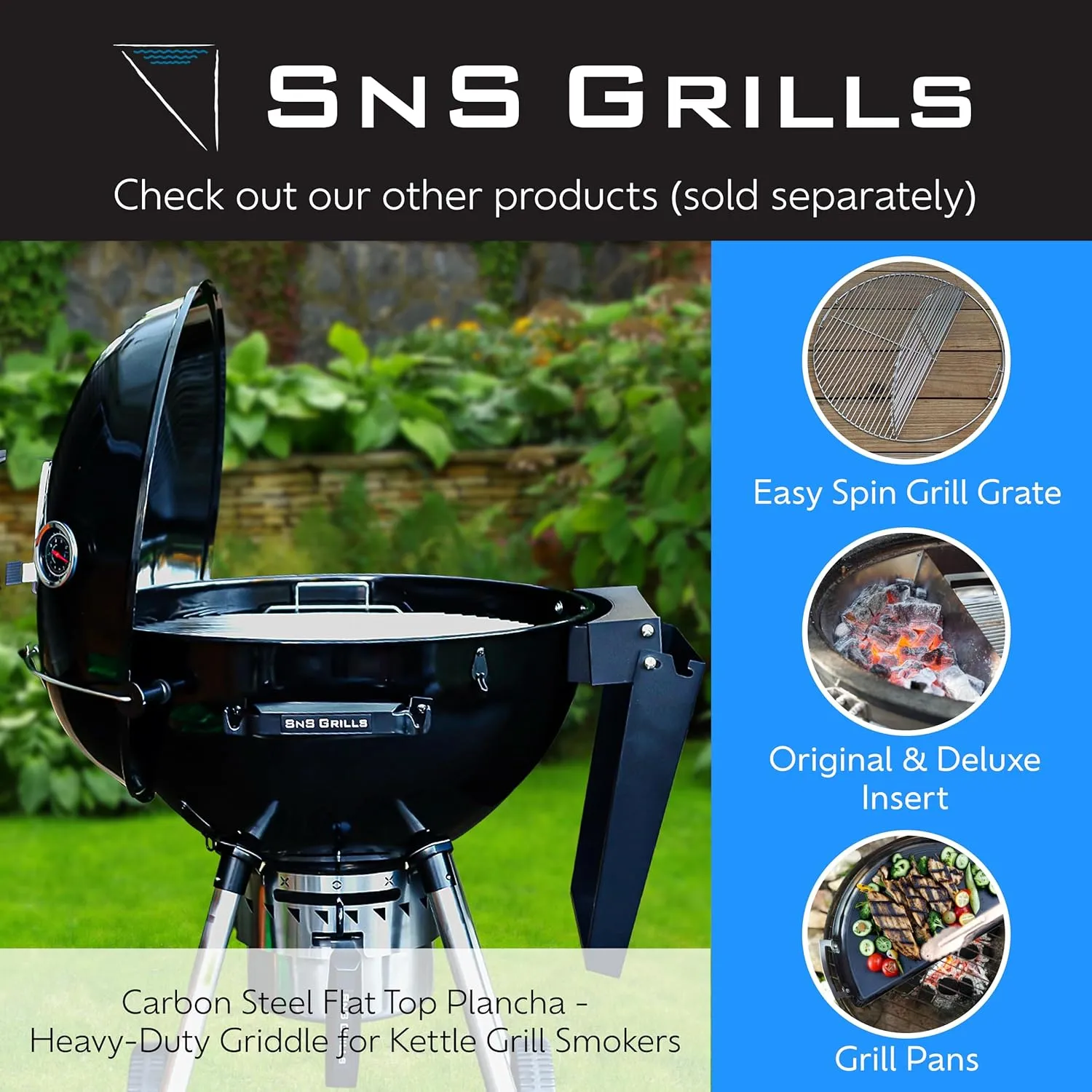 SnS Grills Slow 'N Sear Carbon Steel Flat Top Plancha Griddle - Rotating Durable Griddle for Kettle Grill BBQs - Outdoor Cooking Accessory - Fits 22” Kettles