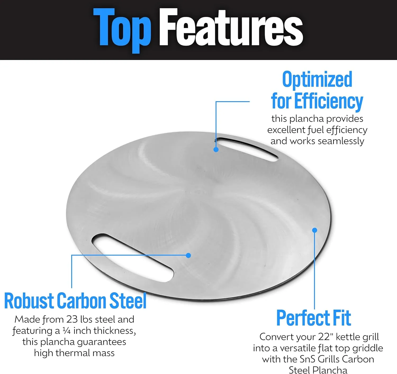 SnS Grills Slow 'N Sear Carbon Steel Flat Top Plancha Griddle - Rotating Durable Griddle for Kettle Grill BBQs - Outdoor Cooking Accessory - Fits 22” Kettles