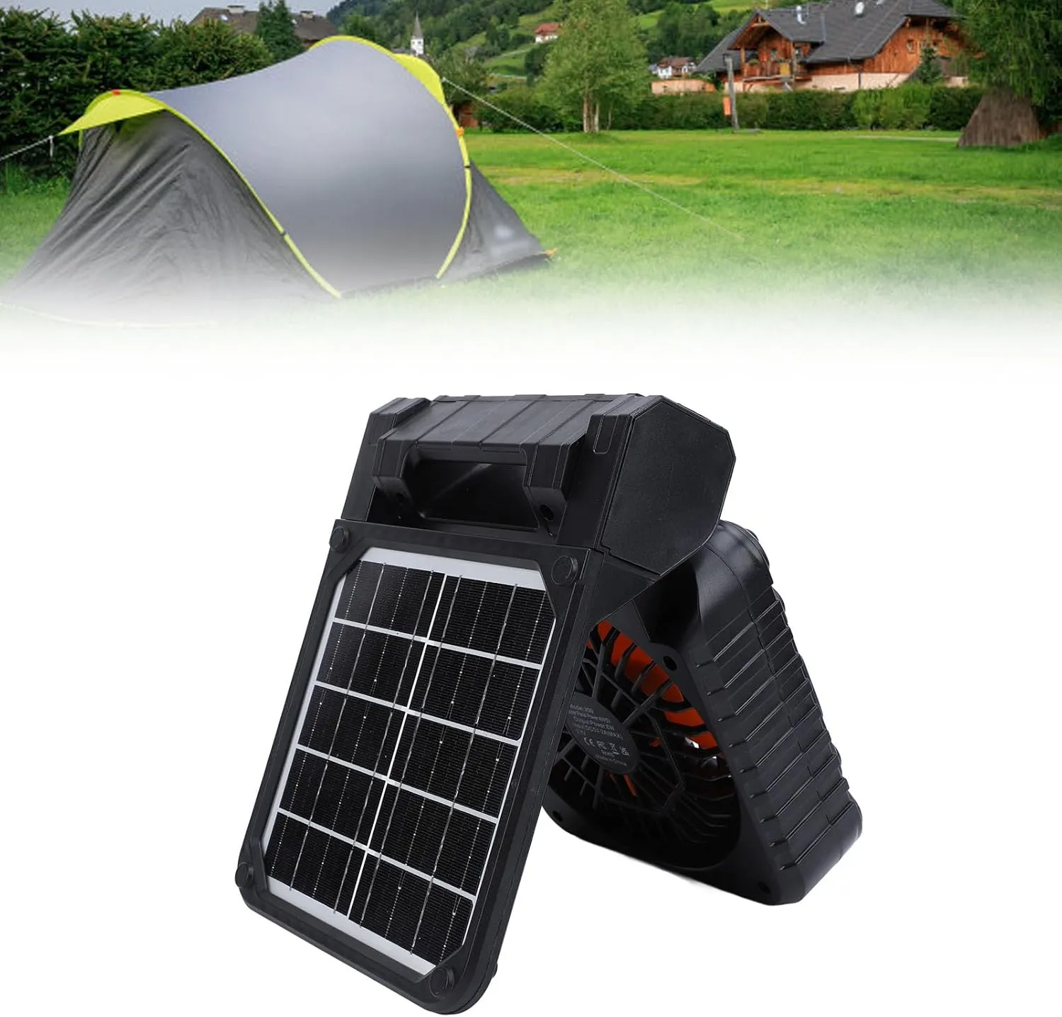 Solar Fan, Portable Camping Fan Rechargeable Battery Operated Tent Camp Fan with Solar Panel Led Lantern for Outdoor Picnic Hurricane Fishing Worksite (Black)