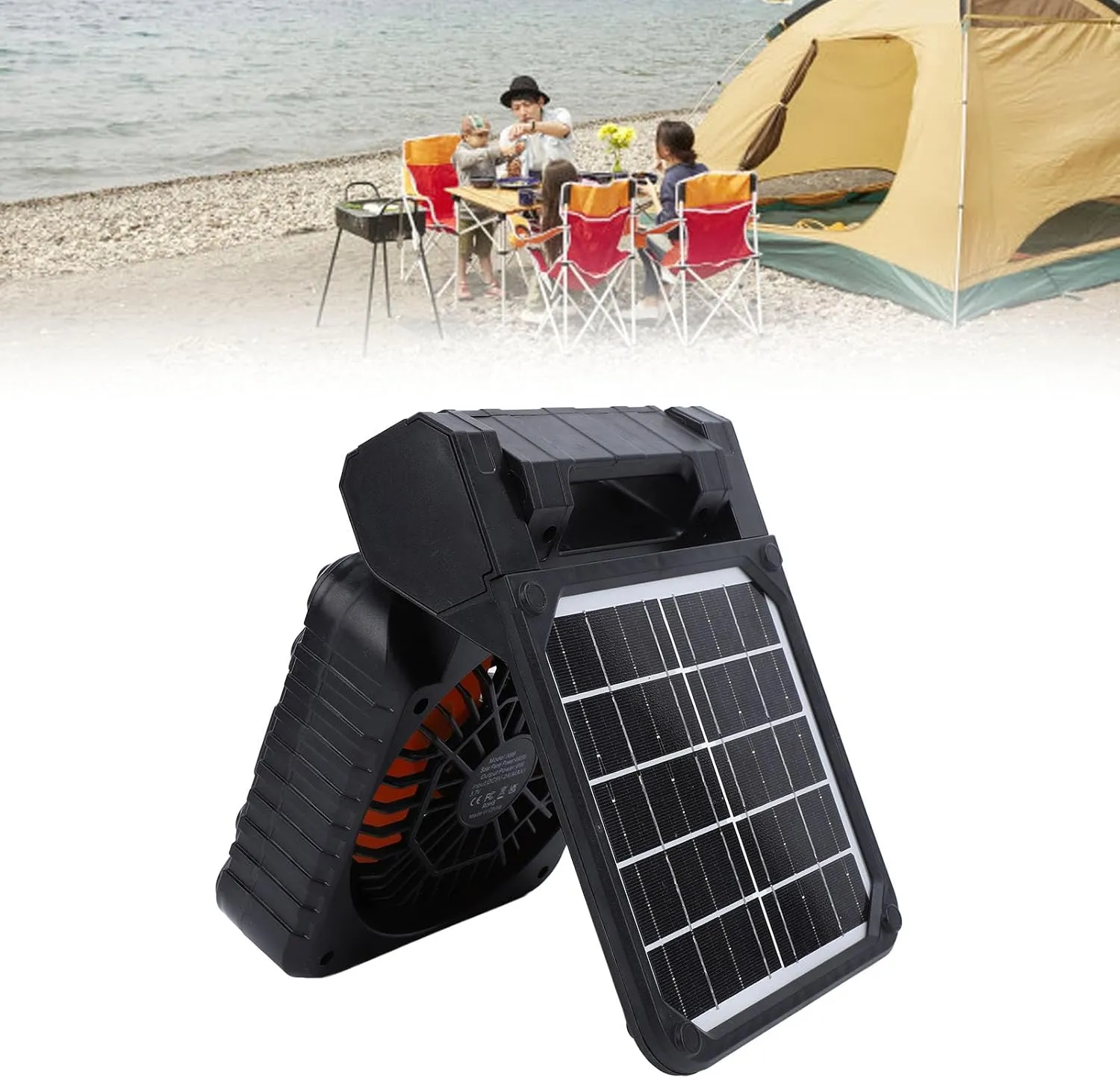Solar Fan, Portable Camping Fan Rechargeable Battery Operated Tent Camp Fan with Solar Panel Led Lantern for Outdoor Picnic Hurricane Fishing Worksite (Black)