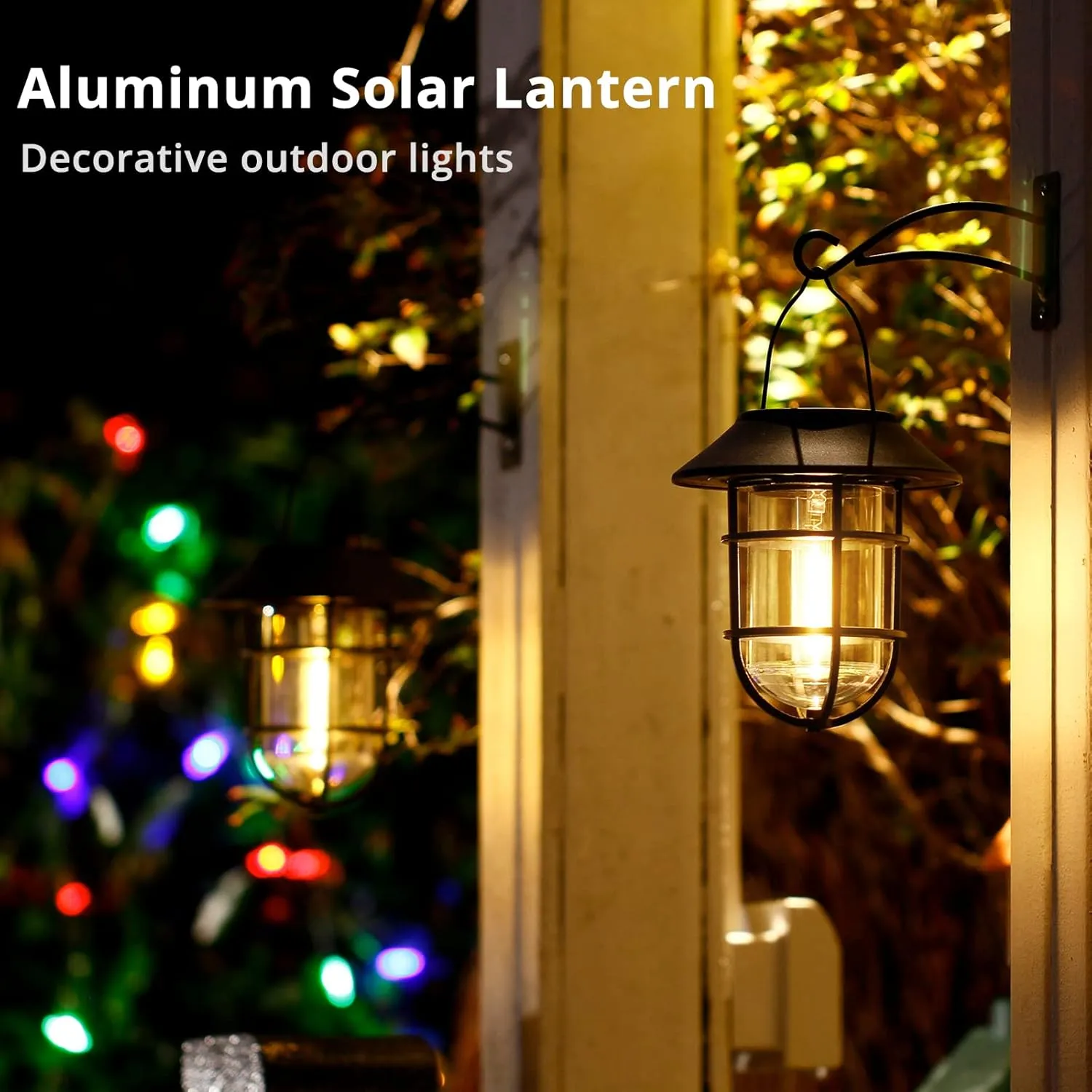 Solar Lantern Hanging Solar Lights Outdoor, Waterproof Metal Wall Lantern with Hooks, Outdoor Wall Lights for Porch, Patio Yard Garden Decor, No Wiring Required, 2 Pack