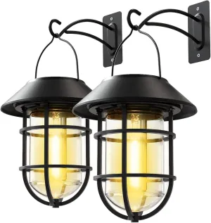 Solar Lantern Hanging Solar Lights Outdoor, Waterproof Metal Wall Lantern with Hooks, Outdoor Wall Lights for Porch, Patio Yard Garden Decor, No Wiring Required, 2 Pack