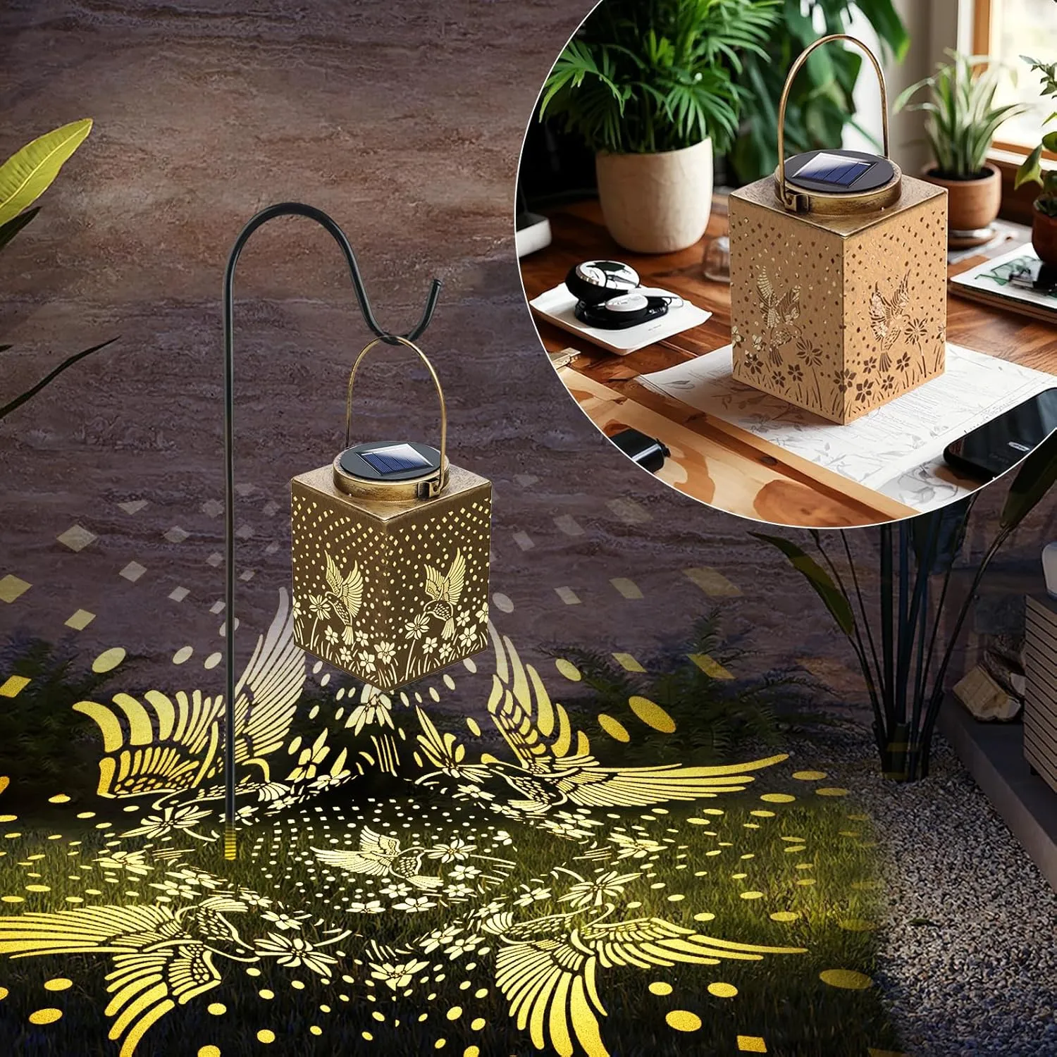 Solar Lanterns Outdoor Waterproof - Gifts for Women Mom Grandma, Hummingbird Garden Decor for Yard, Patio,Backyard, Porch , Garden (2 Pack, Square Hummingbird)