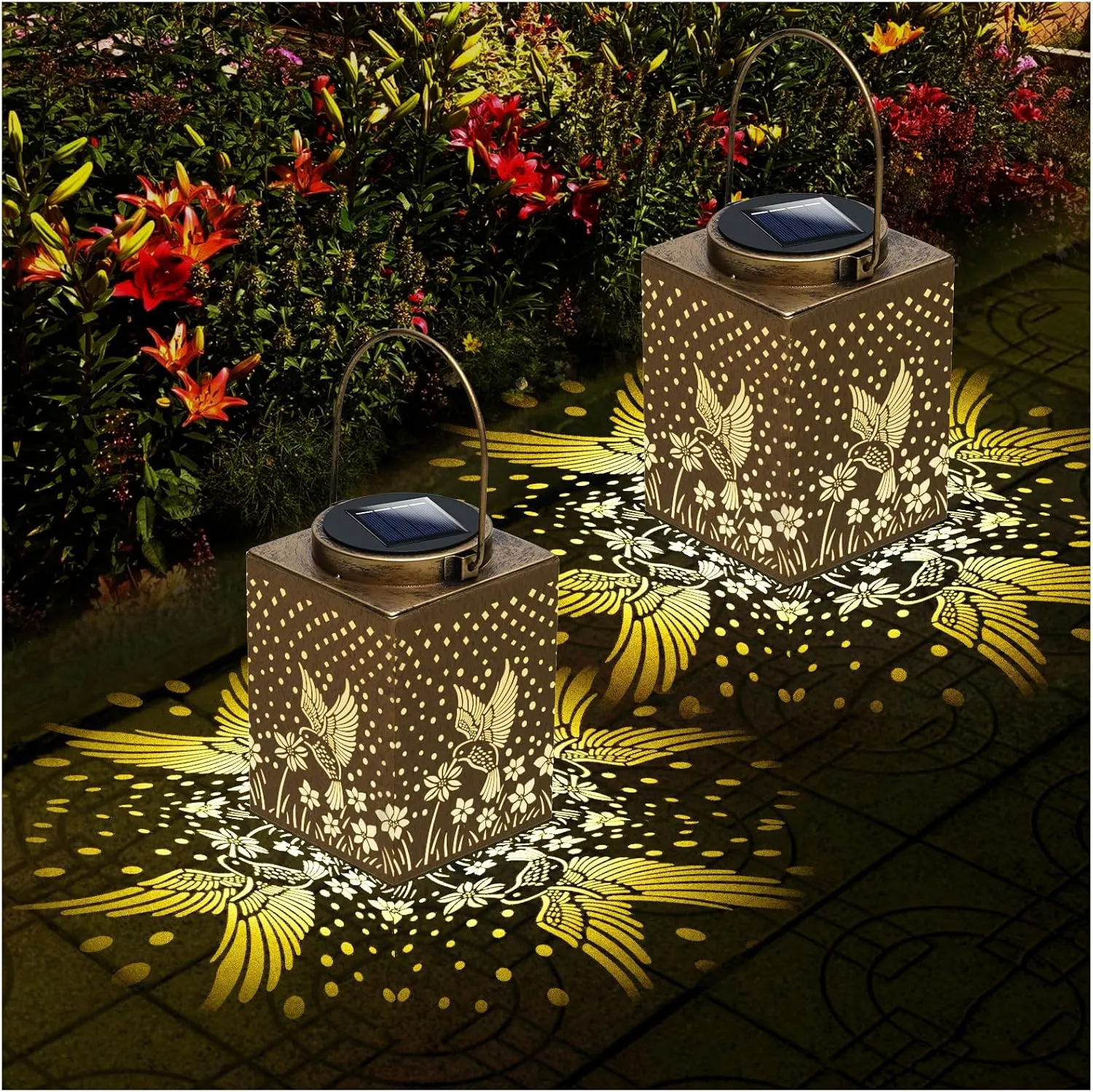 Solar Lanterns Outdoor Waterproof - Gifts for Women Mom Grandma, Hummingbird Garden Decor for Yard, Patio,Backyard, Porch , Garden (2 Pack, Square Hummingbird)