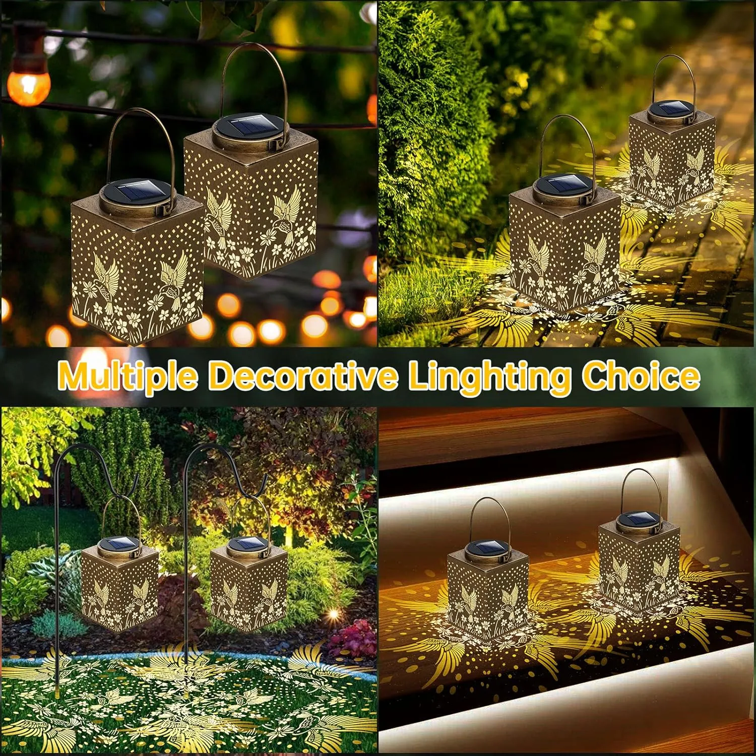 Solar Lanterns Outdoor Waterproof - Gifts for Women Mom Grandma, Hummingbird Garden Decor for Yard, Patio,Backyard, Porch , Garden (2 Pack, Square Hummingbird)