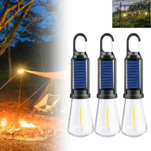 Solar Rechargeable Hooked Camping Light - 2025 New Solar Camp Tent Lights, Waterproof LED Camping Lantern, Rechargeable LED Light Bulb,Outdoor Emergency Hanging Lights for Hiking Party (3pcs)