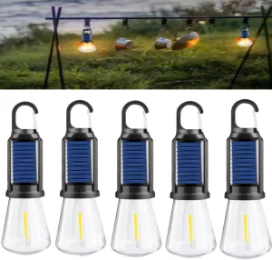 Solar Rechargeable Hooked Camping Light - 2025 New Solar Camp Tent Lights, Waterproof LED Camping Lantern, Rechargeable LED Light Bulb,Outdoor Emergency Hanging Lights for Hiking Party (5pcs)