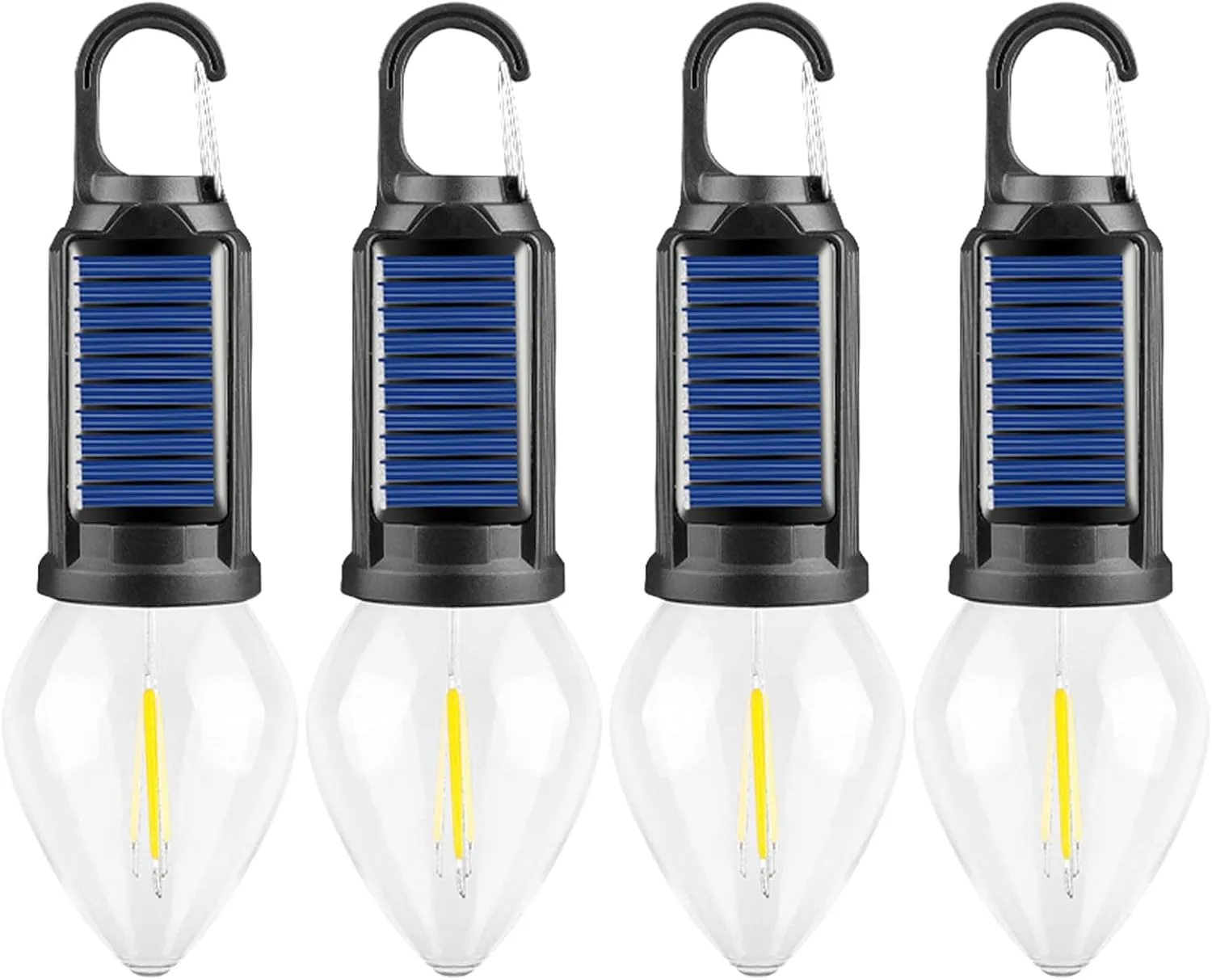 Solar Rechargeable Hooked Camping Light, 3 Gears Lighting Solar Camping Lights with Two Charging Modes, IPX4 Waterproof Tent Lights with Clip Hook Design for Camping and Emergencies (4PCS Conical)