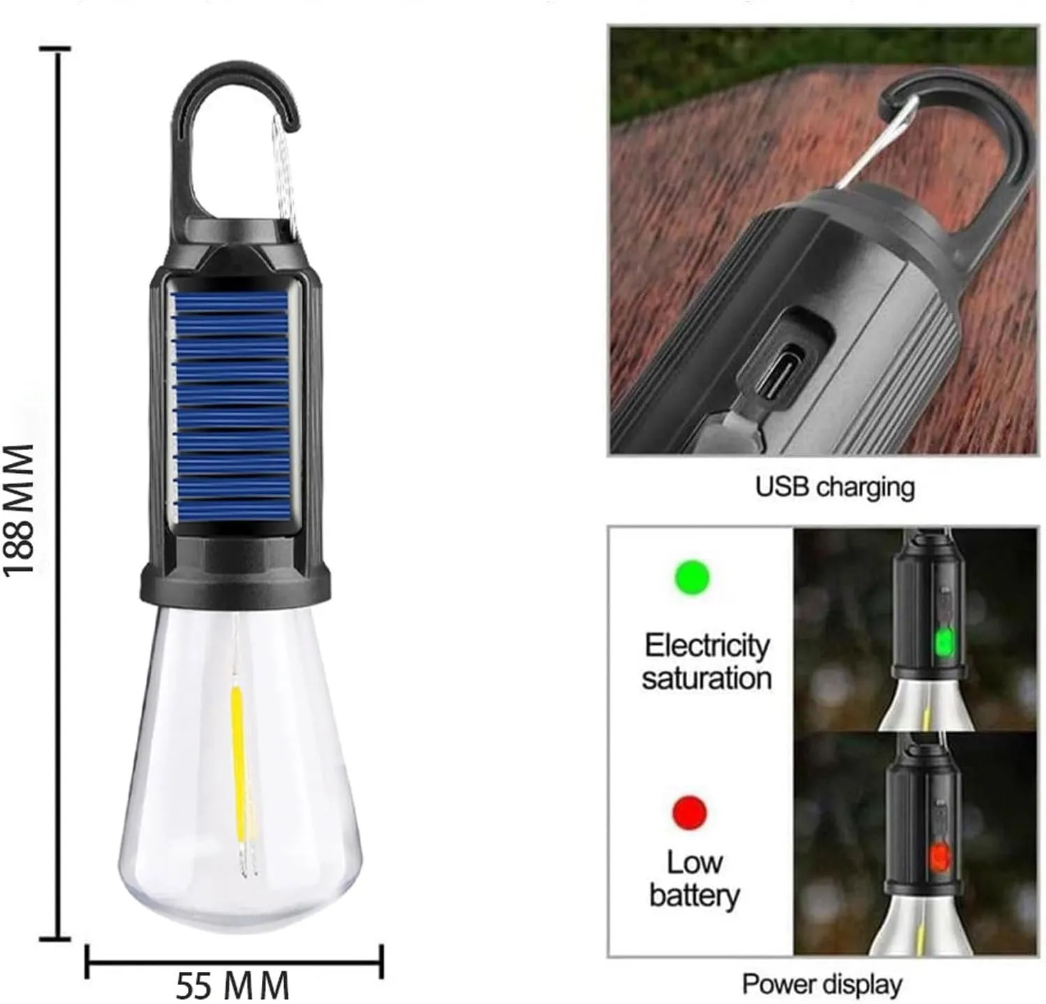 Solar Rechargeable Hooked Camping Light, Multi-Functional Waterproof Solar Tent Lights, USB Rechargeable Led Camping Lantern,Portable Clip Hook Indoor ＆ Outdoor Hanging Lantern (Flat Bottom Style, 4)