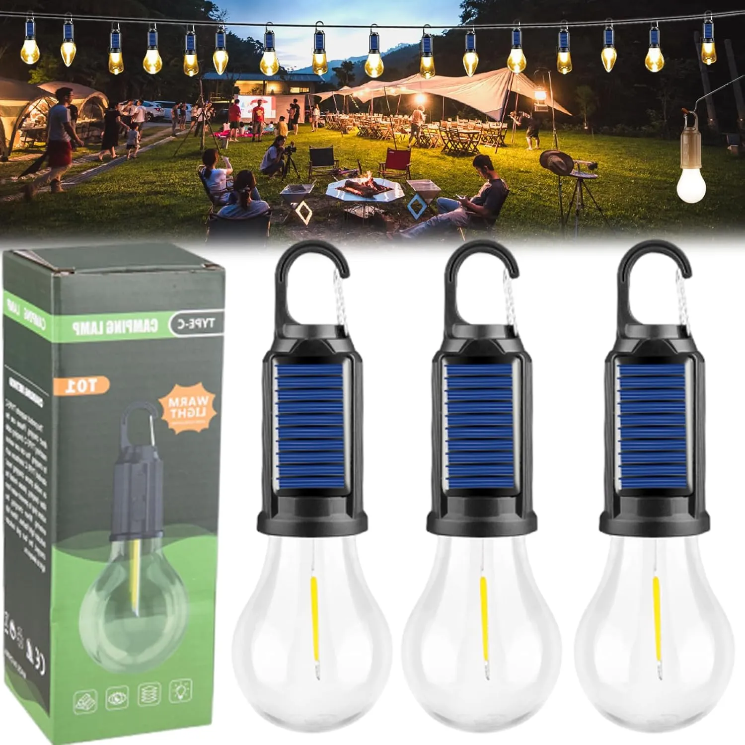 Solar Rechargeable Hooked Camping Light, Solar Rechargeable Light Bulbs, USB Charging Tungsten Light Bulb Solars Lights with Power Display, LED Tent Lights with IPX4 Waterproof (3*Spherical)