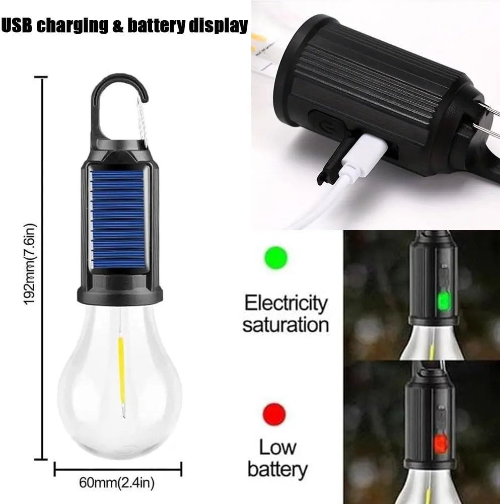 Solar Rechargeable Hooked Camping Light, Solar Rechargeable Light Bulbs, USB Charging Tungsten Light Bulb Solars Lights with Power Display, LED Tent Lights with IPX4 Waterproof (3*Spherical)