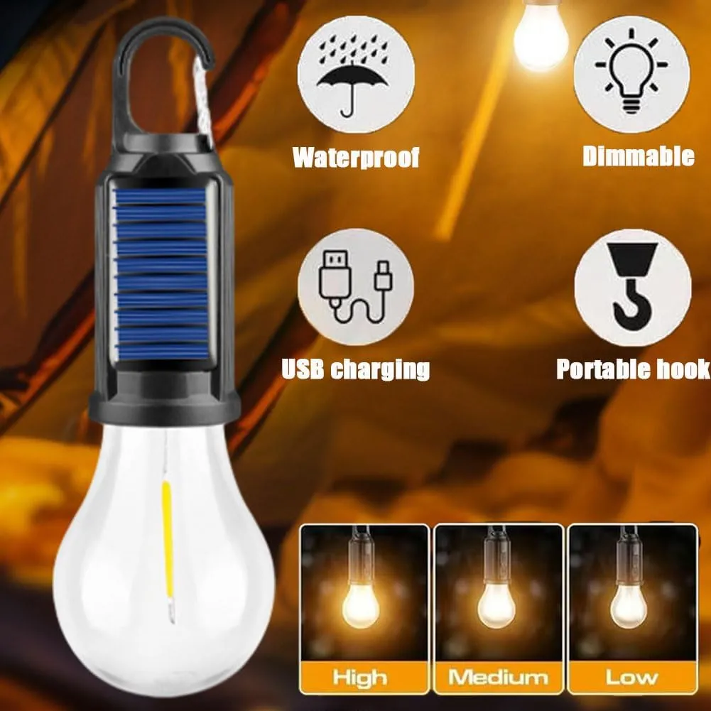 Solar Rechargeable Hooked Camping Light, Solar Rechargeable Light Bulbs, USB Charging Tungsten Light Bulb Solars Lights with Power Display, LED Tent Lights with IPX4 Waterproof (3*Spherical)