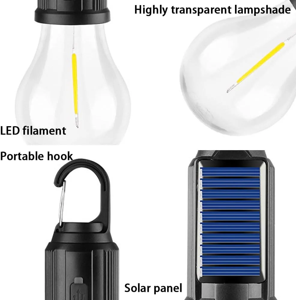 Solar Rechargeable Hooked Camping Light, Solar Rechargeable Light Bulbs, USB Charging Tungsten Light Bulb Solars Lights with Power Display, LED Tent Lights with IPX4 Waterproof (3*Spherical)