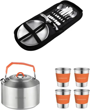 Stainless Steel Camping Kettle with Cups,Stainless Steel Camping Plates and Utensils
