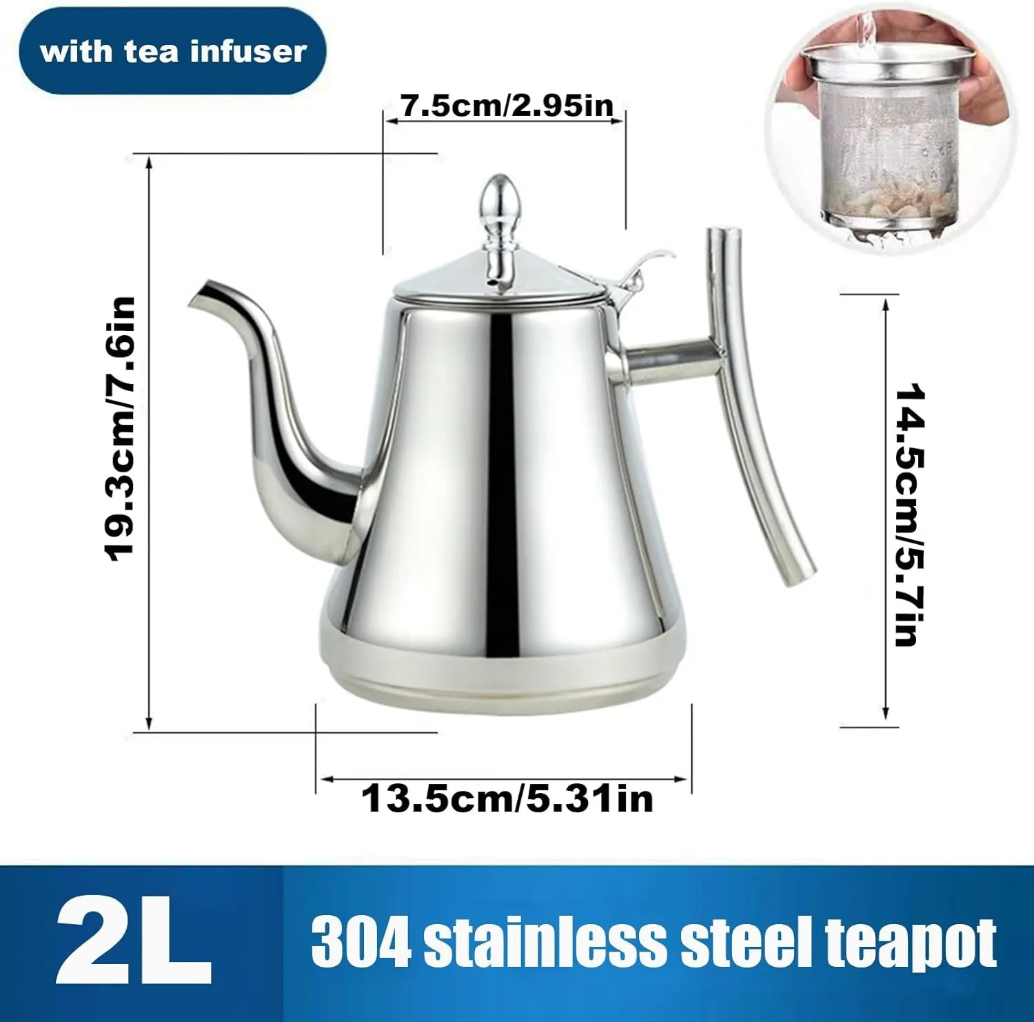 Stainless Steel Kettle with Infuser, Camping Coffee Tea Pots for Induction | Gas | Electric | Halogen |(2L)