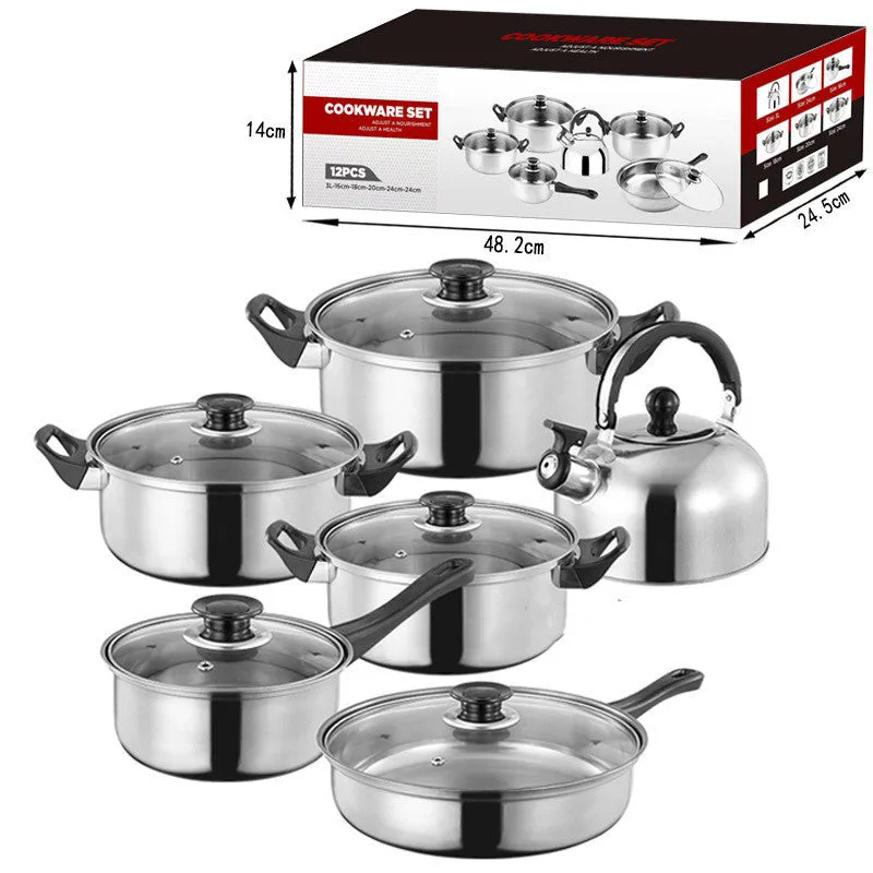 Stainless Steel Pot Set with Kettle & Frying Pan – Glass Lids, Black Handles